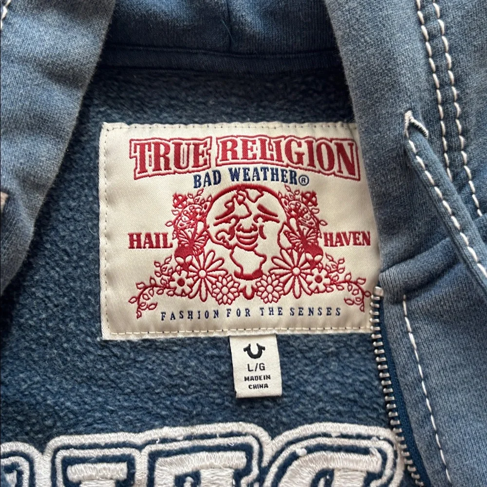 True Religion Blue Hoodie with Embroidered Logo. Unisex